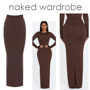 NWT Naked Wardrobe Brown Maxi Skirt With Back Slit